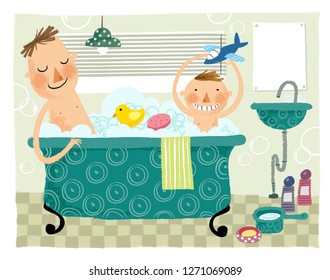 Father & boy child taking bath in bath tub