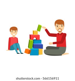 Father And A Boy Constructing From Blocks, Happy Family Having Good Time Together Illustration