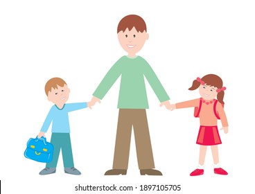 Father and boy and girl with bag. First day in school, vector illustration.