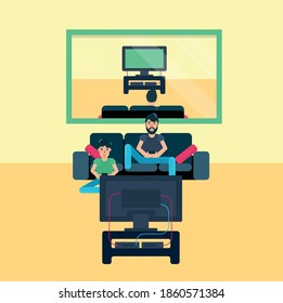 Father and boy play game in the TV. They sitting on sofa