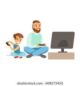 Father And Boy Sitting On The Floor With Joysticks,Part Of Happy Gamers Enjoying Playing Video Game, 