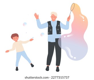 Father and boy son play and blow soap bubble giant balloons on foam party isolated cartoon flat vector illustration