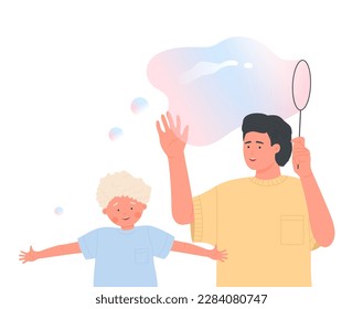 Father and boy son play and blow soap bubble giant balloons on foam party isolated cartoon flat vector illustration