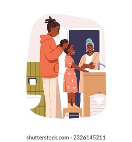 Father braiding daughter kids hair at home bathroom. Happy black people family in morning. African-American dad helping girl child with hairdo. Flat vector illustration isolated on white background