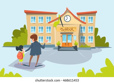 Father Bring Daughter To School Flat Vector Illustration