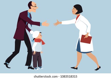 Father bringing a sick little girl to a female pediatrician, shaking hands with a doctor, EPS 8 vector illustration