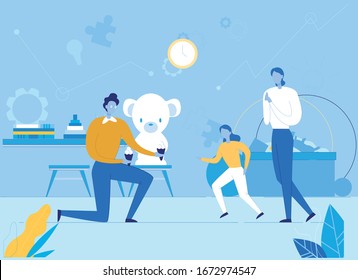 Father Brings Ice Cream to Daughter Cartoon. Parent Returned from Work Treating Female Child. Happy Family Characters. Gays Boyfriends and Kid. Flat Home Bedroom Interior. Vector Cartoon Illustration