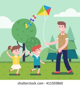 Father of brother playing with kids. Flying kite outdoors together with son and daughter. Smiling characters. Modern flat vector illustration clipart.