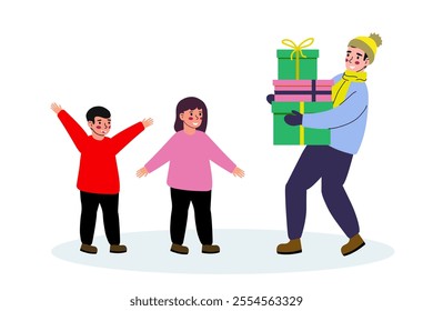 Father brought gifts home. Children rejoice at gifts. Christmas Vector illustration on white background