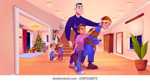 Pai e ladrão no fundo do corredor doméstico. Christmas house hallway e família pegar ladrão em xmas. Ilustração de feriado interno para cena de roubo e justiça. Personagem irritado sobre fora da lei