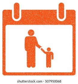 Father Calendar Day grainy textured icon for overlay watermark stamps. Flat symbol with dust texture. Dotted vector orange ink rubber seal stamp with grunge design on a white background.