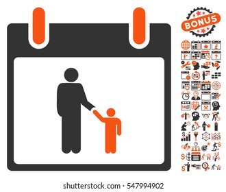 Father Calendar Day icon with bonus calendar and time management pictures. Vector illustration style is flat iconic symbols, orange and gray, white background.