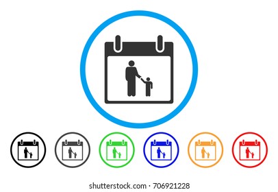 Father Calendar Day vector rounded icon. Image style is a flat gray icon symbol inside a blue circle. Bonus color variants are grey, black, blue, green, red, orange.
