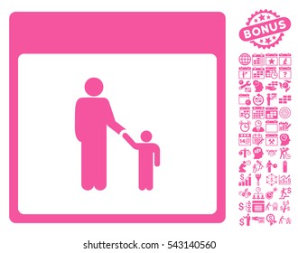 Father Calendar Page icon with bonus calendar and time management images. Vector illustration style is flat iconic symbols, pink, white background.