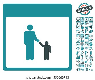 Father Calendar Page icon with bonus calendar and time management pictures. Vector illustration style is flat iconic symbols, soft blue, white background.