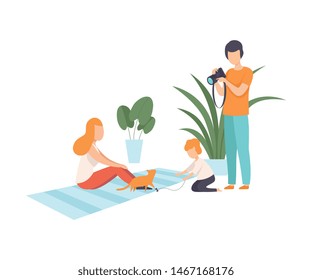 Father with Camera Photographing His Wife and Son at Home, Cute Boy Playing with Cat, Family and Their Son in Everyday Life Vector Illustration