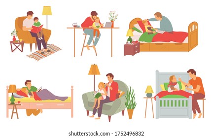 Father care feeding kid vector. Set of father care concepts on white. Daddy reading stories for child laying in bed, parent combing hair of daughter with book, ill treatment and caring. Father day