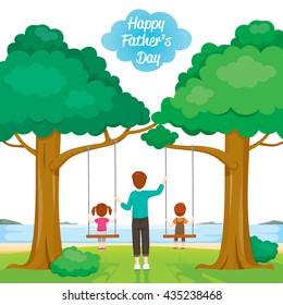 Father Care Kids Sitting On Swing, Father's Day, Family, Parent, Offspring, Love, Relationship