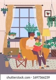 Father care vector, man at home in light room, boy learn to read book with daddy, dad sits on modern armchair and reads stories from book to son flat style, concept for Father day