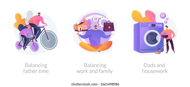 Father Career And Family Balance Metaphors. Parenting, Multitasking, Paternity Leave. Single Dad Plating Spending Time With Child And Working Abstract Concept Vector Illustration Set.