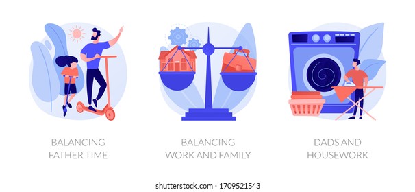 Father career and family balance metaphors. Parenting, multitasking, paternity leave. Single dad plating spending time with child and working abstract concept vector illustration set.