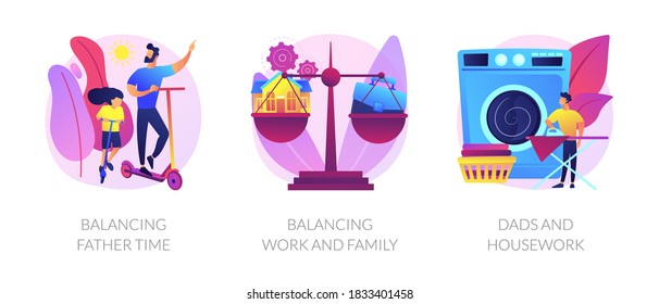 Father career and family balance metaphors. Parenting, multitasking, paternity leave. Single dad plating spending time with child and working abstract concept vector illustration set.