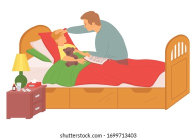 Father caring of ill son, child lying in bed with toy, unwell child, father checking temperature of boy, wooden nightstand with lamp and medicines vector