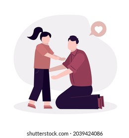 Father caring and loving daughter. Man hugging girl kid. Daddy care and hug child. Concept of parenthood and fatherhood. Soothing after injury or congratulate for achievement. Flat vector illustration