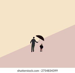 Father caring protect son from sunlight using umbrella walking on city street during daylight. Family concept.