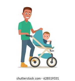 Father carries child in a baby carriage. Color flat vector illustration isolated on white background.