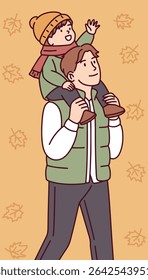 Father carries happy child on shoulders while walking in autumn park surrounded by falling leaves, enjoying family time outdoors