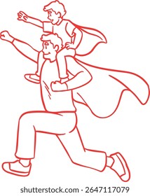 Um pai carrega seu filho em seus ombros, ambos usando capas e aparentando voar, simbolizando imaginação, aventura, e um forte vínculo pai-filho em um estilo de arte de linha vermelha simples.