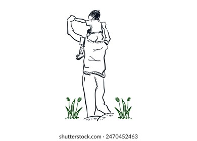 Father carries son on his back, hand drawn simple line drawing vector illustration