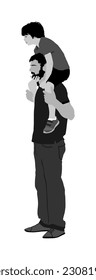 Father carries son on shoulders vector illustration isolated on white background. Man carrying boy in walk. Fathers day. Happy family enjoy outdoor. Dad kid fun. Adopted child closeness with parent.
