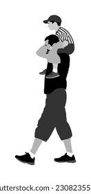 Father carries son on shoulders vector illustration isolated on white background. Man carrying boy in walk. Fathers day. Happy family enjoy outdoor. Dad kid fun. Adopted child closeness with parent.