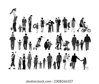 Father carries son on shoulders vector illustration isolated. Man carrying boy in walk. Fathers day. Happy big family, mom enjoy outdoor. Dad kid fun. Adopted child with parents. Mother daughter fun.