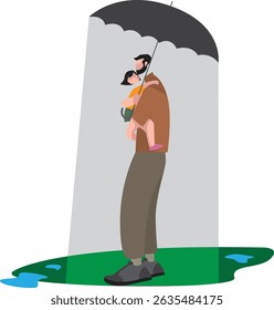 Father carry his daughter in the rain