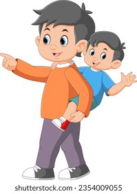 father carry his son piggy back of illustration