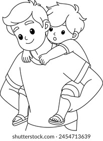 The father carry on the back the child out to play coloring page. Father day vector illustration 