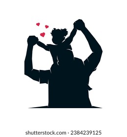 Father carry piggyback daughter toddler silhouette. Black afro american daddy and kid little girl playing together vector illustration