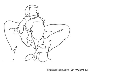 father carrying baby on shoulders one line continuous drawing vector illustration minimalist