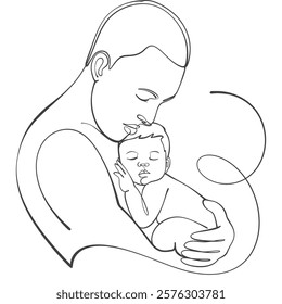 Father carrying baby, parent and baby line art style vector illustration