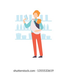 Father Carrying Baby in Sling While Shopping in Supermarket, Parent Taking Care of His Child Vector Illustration