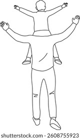 Father carrying child on his shoulders line art. Dad and son vector illustration. 