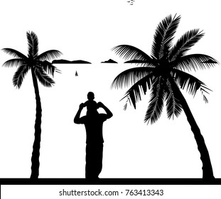 Father carrying a child on his shoulders on the beach