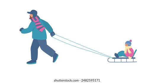 father carrying child on the sled. Vector color illustration in flat style.