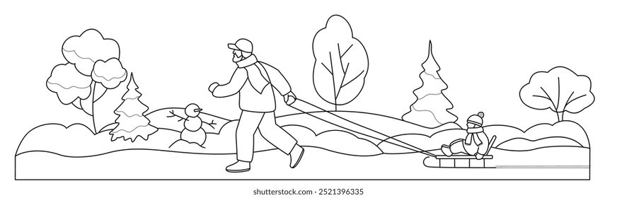 Father carrying child on the sled. Vector illustration in line style.