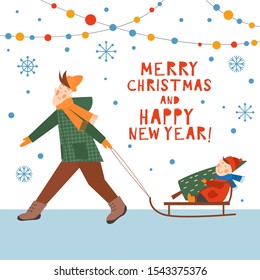 Father carrying child on sleigh. The child holds a Christmas tree. Preparing for the holiday. Winter activities on snow. Kids illustration. Vector hand drawn new year background. Cartoonflat character