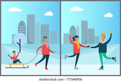 Father carrying child on sleigh, couple skating on skaterink together during winter holidays on background of skyscrapers vector illustration wintertime