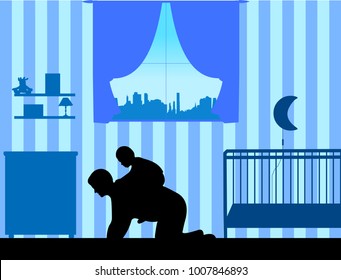 Father carrying a child piggyback in the kids room, one in the series of similar images silhouette